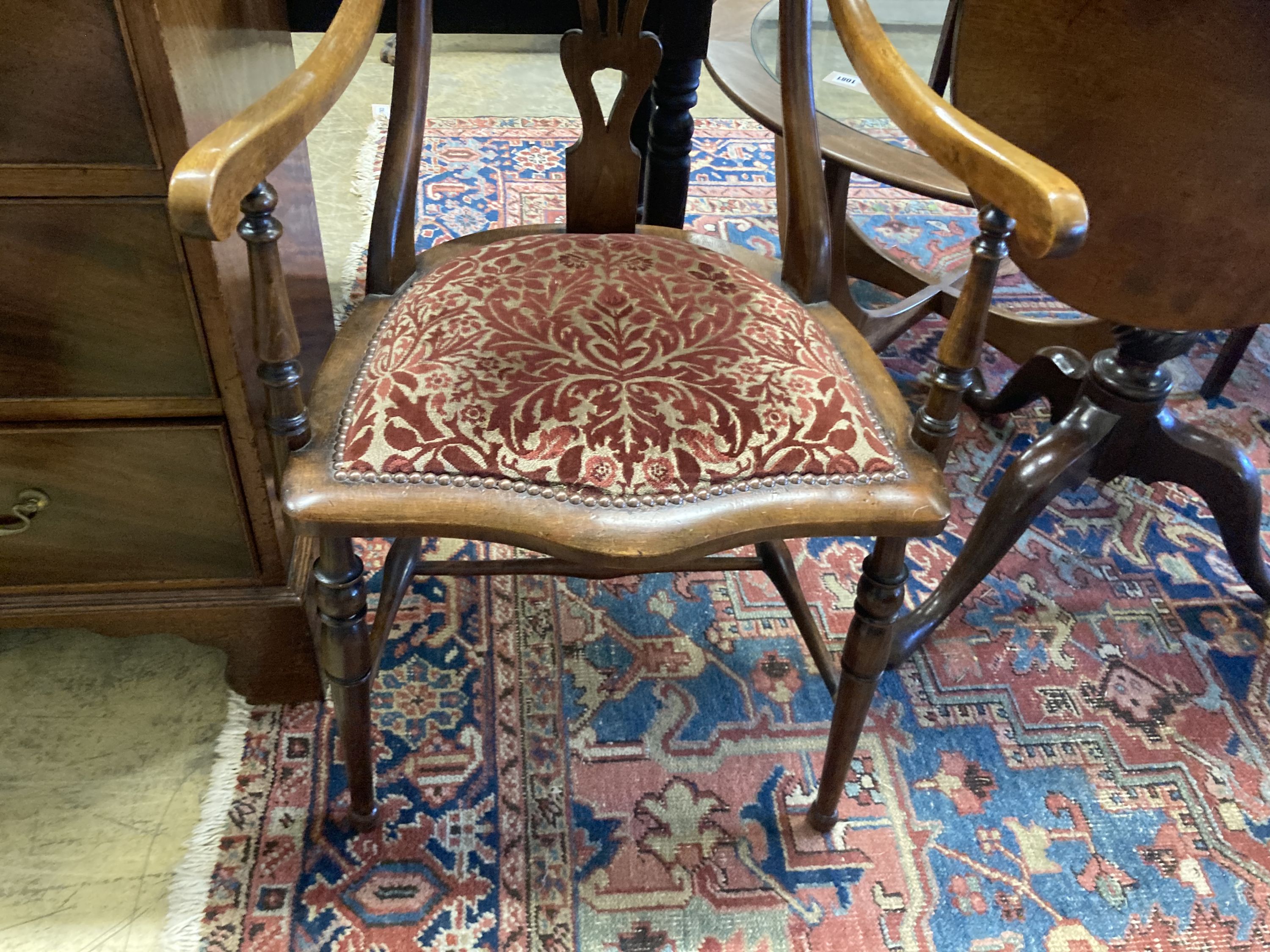 An Art Nouveau marquetry inlaid mahogany and beech elbow chair, width 53cm, depth 54cm, height 104cm
